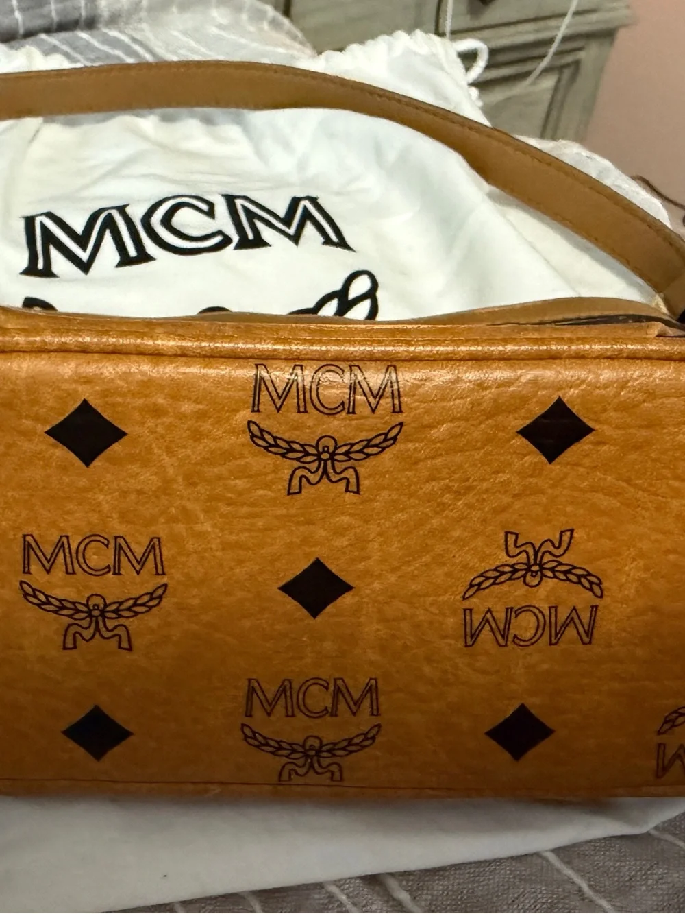 MCM Cognac Logo Print Shoulder Bag with Gold Plate